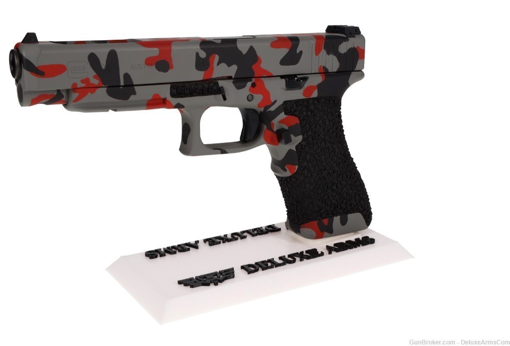 Custom CSS Glock 34 G34 Red Urban Woodlands Camo Cerakote with Grip Stipple-img-6