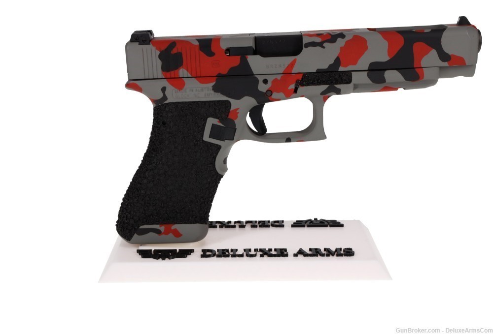 Custom CSS Glock 34 G34 Red Urban Woodlands Camo Cerakote with Grip Stipple-img-1