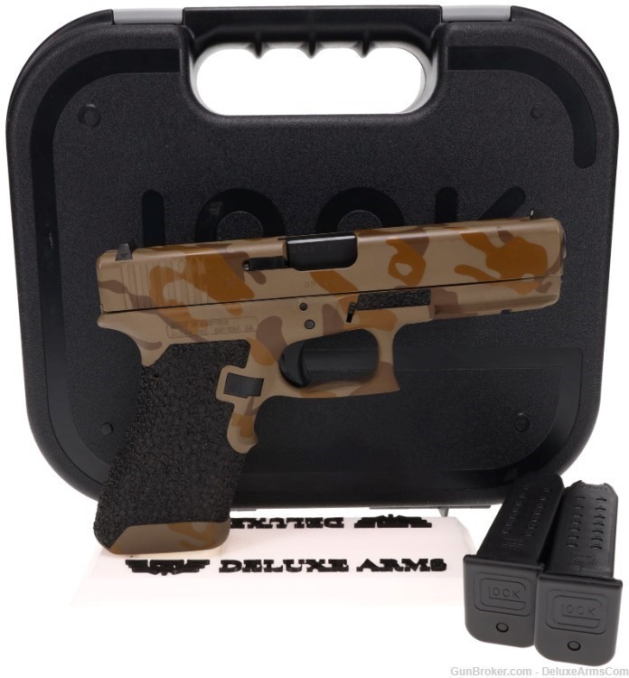 Custom CSS Glock 17 G17 Desert Tan Woodlands Camo Cerakote and Grip Stipple-img-0