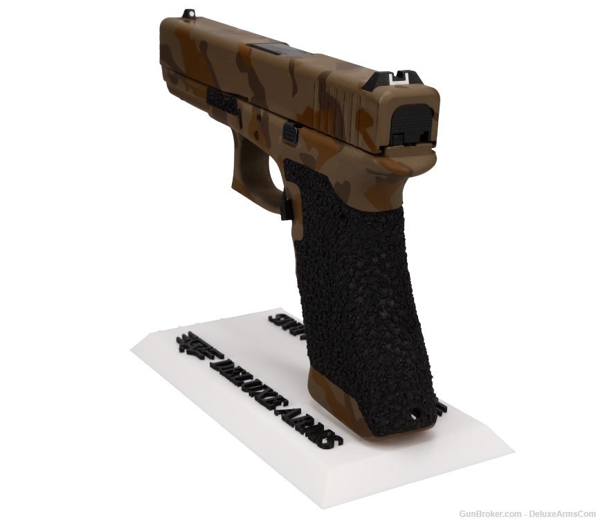 Custom CSS Glock 17 G17 Desert Tan Woodlands Camo Cerakote and Grip Stipple-img-9