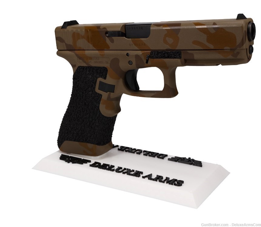 Custom CSS Glock 17 G17 Desert Tan Woodlands Camo Cerakote and Grip Stipple-img-2