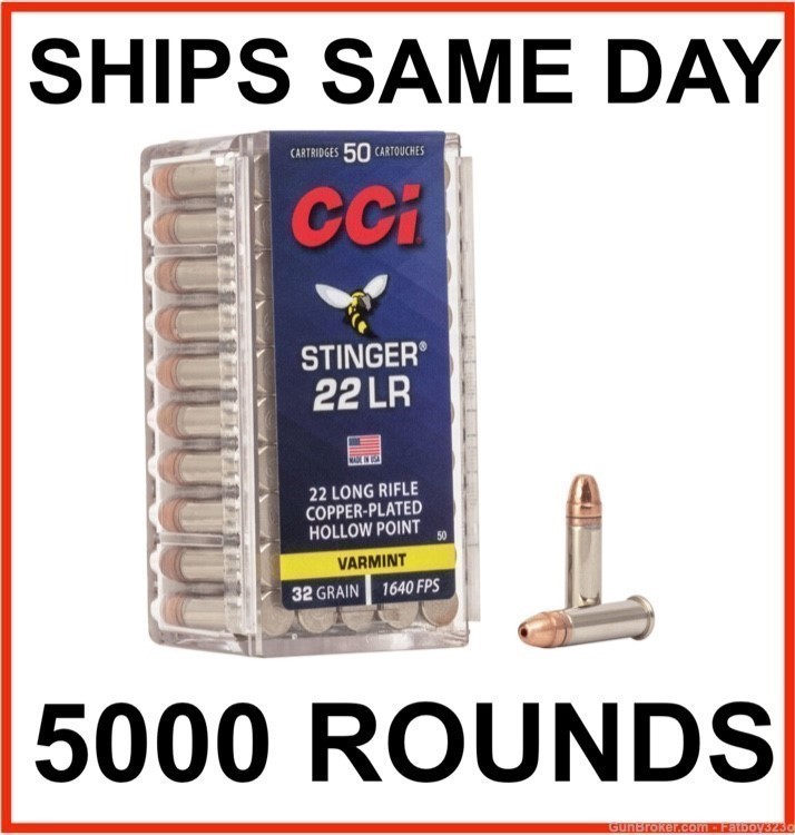 5000 Rounds - CCI Stinger 22LR Ammo 32 Grain Copper Plated Hollow Point-img-0