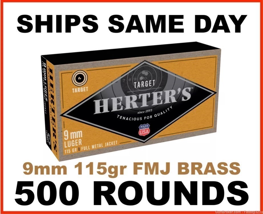 9mm Herter's Target Brass Ammo 115gr - 500 ROUNDS-img-0