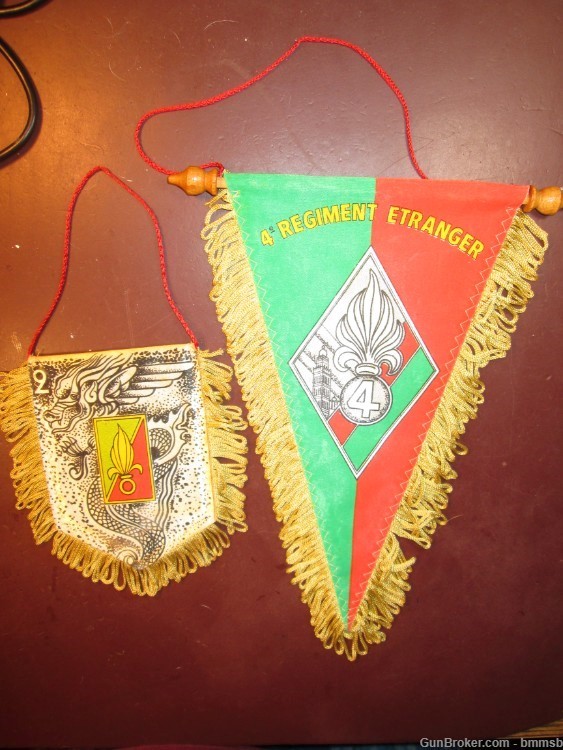 Two Vintage French Foreign Legion Pennants, wooden Hanging Dowel & cord-img-0