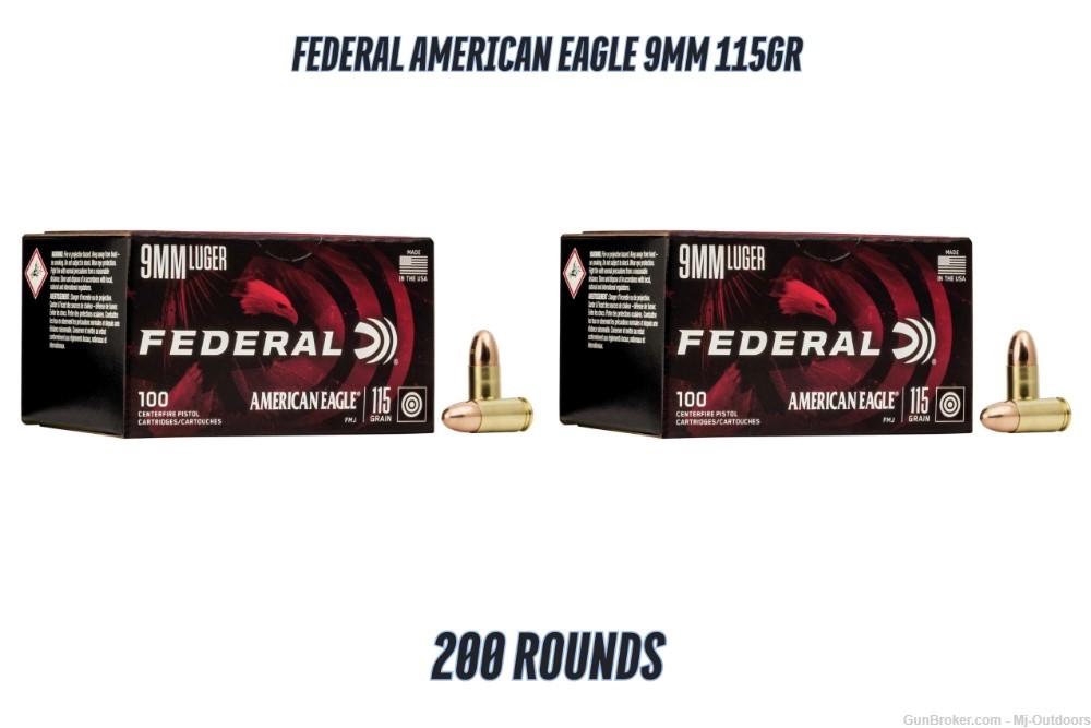 Federal American Eagle Ammunition 9mm Luger 115 gr FMJ 1180 fps 200rds-img-0