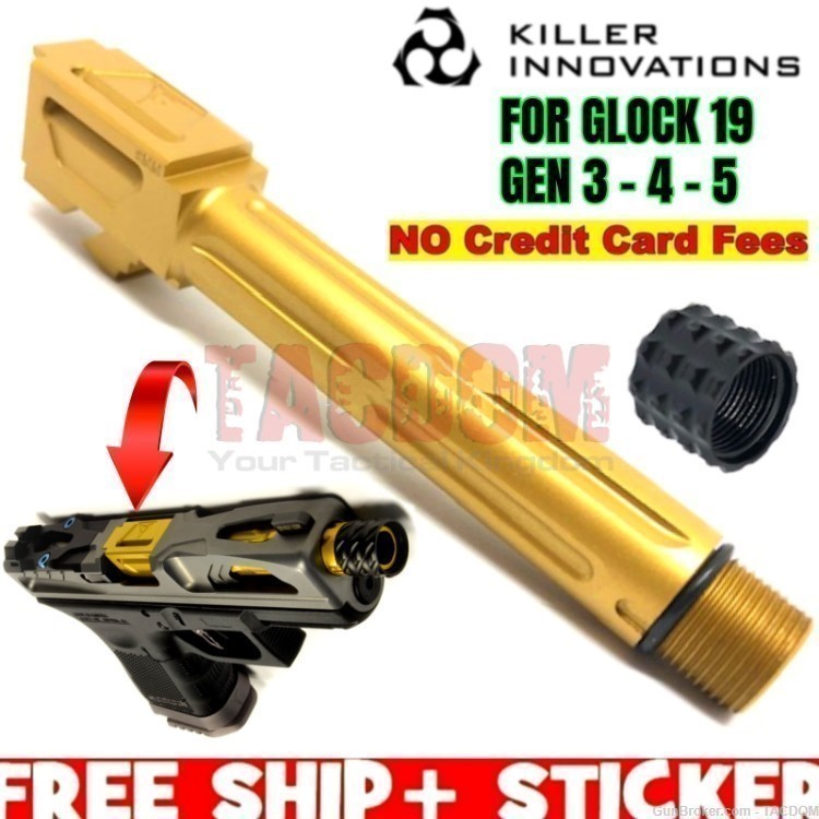 Killer Innovations GLOCK 19 GOLD TIN Threaded Barrel 9mm 1/2x28 Thread P80 -img-0