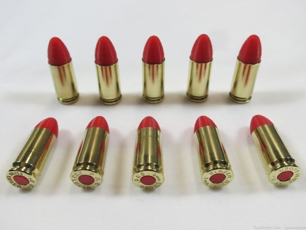 9mm Luger Brass Snap caps / Dummy Training Rounds - Set of 10 - Red-img-0