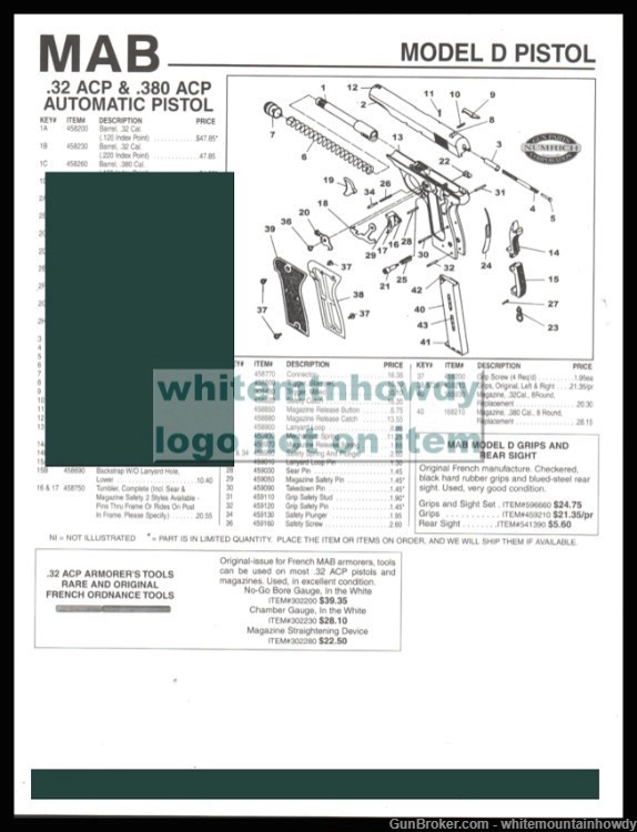 MAB Model D .32 ACP   & .380 Automatic Pistol Schematic Parts List-img-0