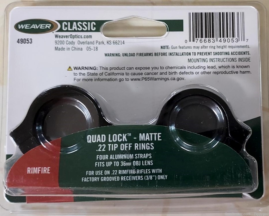 Factory New Weaver Quad-Lock Matte 1" .22 Tip-Off Scope Rings(3/8) (49053)-img-1