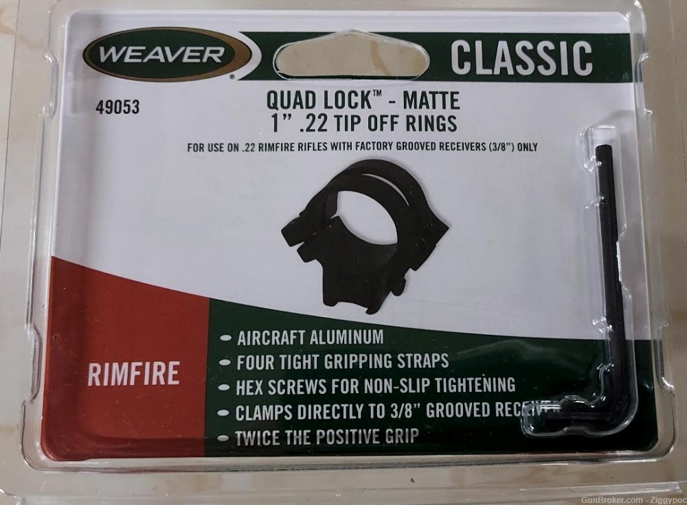 Factory New Weaver Quad-Lock Matte 1" .22 Tip-Off Scope Rings(3/8) (49053)-img-0
