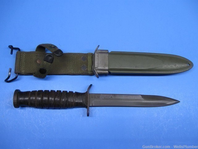 US WWII M3 BLADE MARKED UTICA FIGHTING KNIFE WITH ORIGINAL SCABBARD -img-0