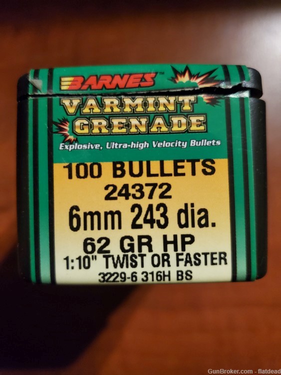 Barnes .243 Caliber 62 Grain Varmint Grenade 100 Bullets -img-0