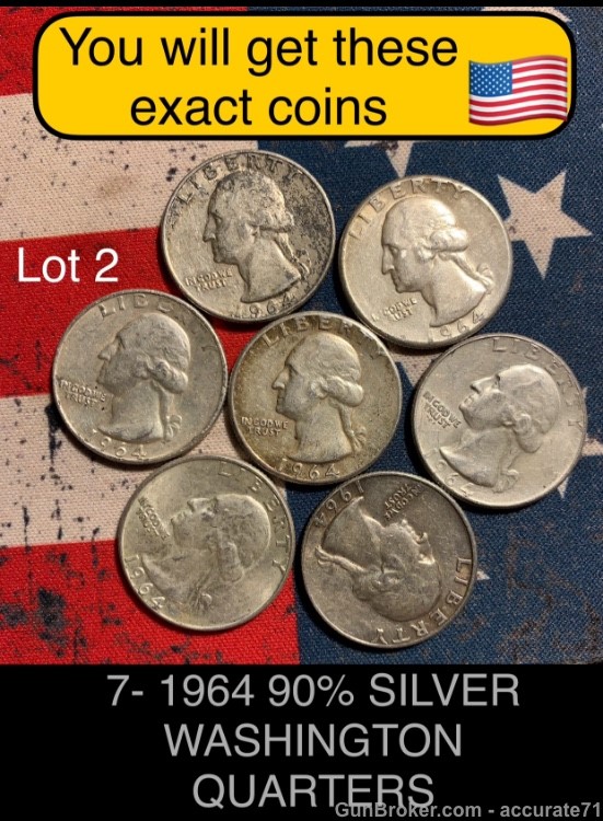 7- 1964 90% Silver Washington Quarters $1.75 Face Value Coins Lot 2-img-0
