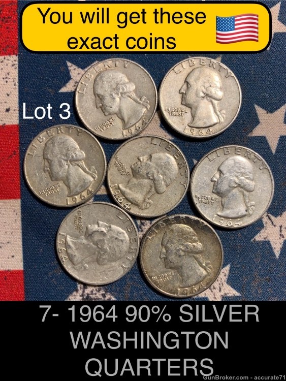 7- 1964 90% Silver Washington Quarters $1.75 Face Value Coins Lot 3-img-0