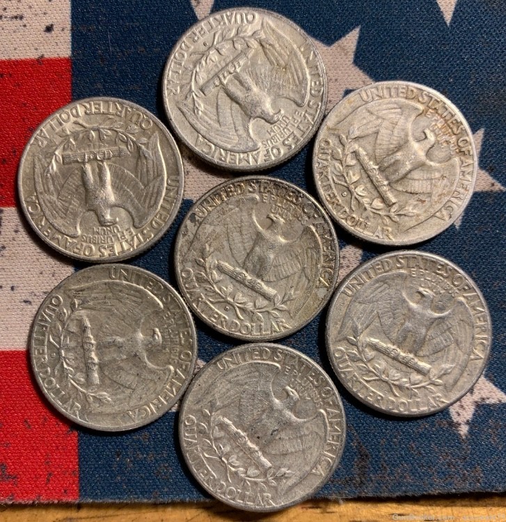 7- 1964 90% Silver Washington Quarters $1.75 Face Value Coins Lot 4-img-1