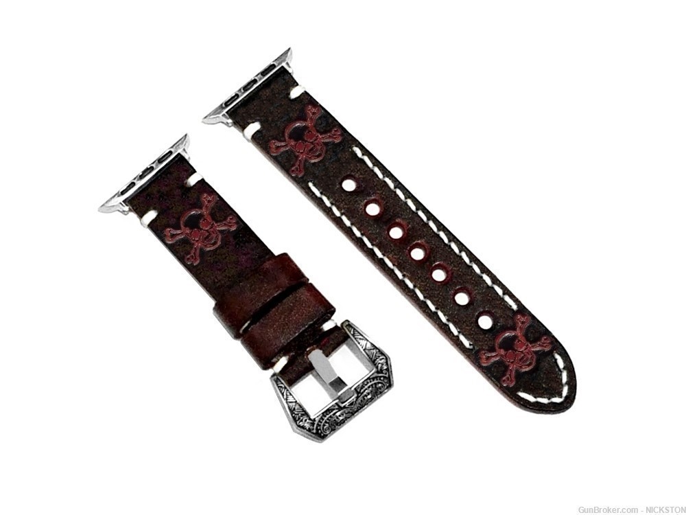 Dark Brown Skull Crossbones Leather Band for 44mm Apple Watch All Series-img-0