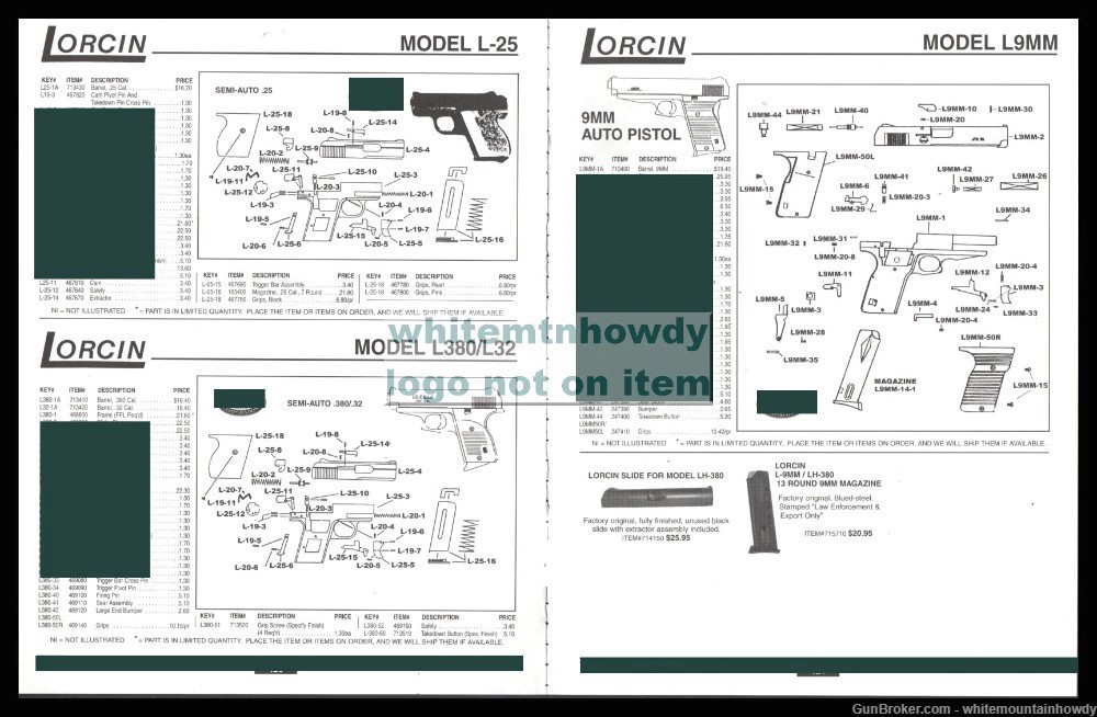 2005 LORCIN Model L-2L380/L32, L9MM Pistol Schematics Parts Lists-img-0
