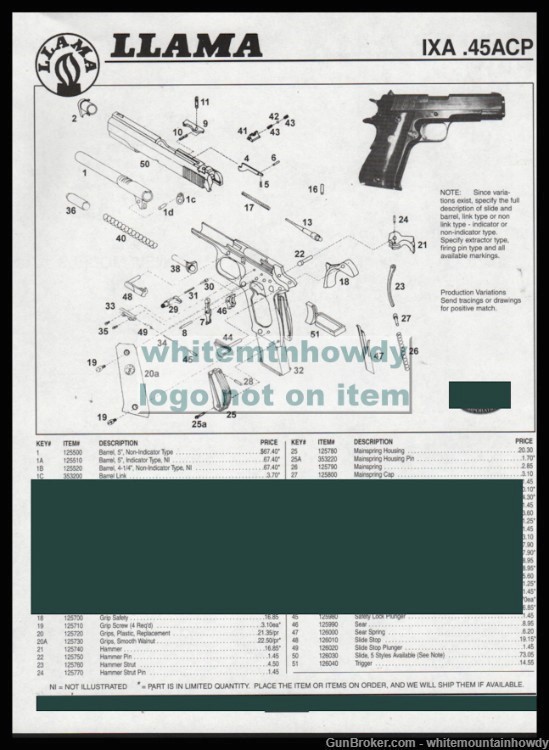 2005 LLAMA IXA .45 ACP AND Old/New Model III-A Pistol Schematic Parts Lists-img-0