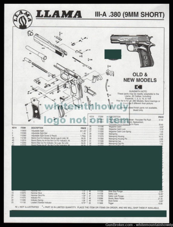 2005 LLAMA IXA .45 ACP AND Old/New Model III-A Pistol Schematic Parts Lists-img-1