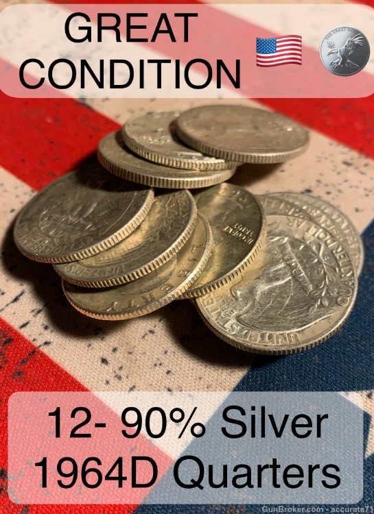 12- 1964D 90% Silver Washington Quarters $3 Face Value Coins Lot 1-img-2