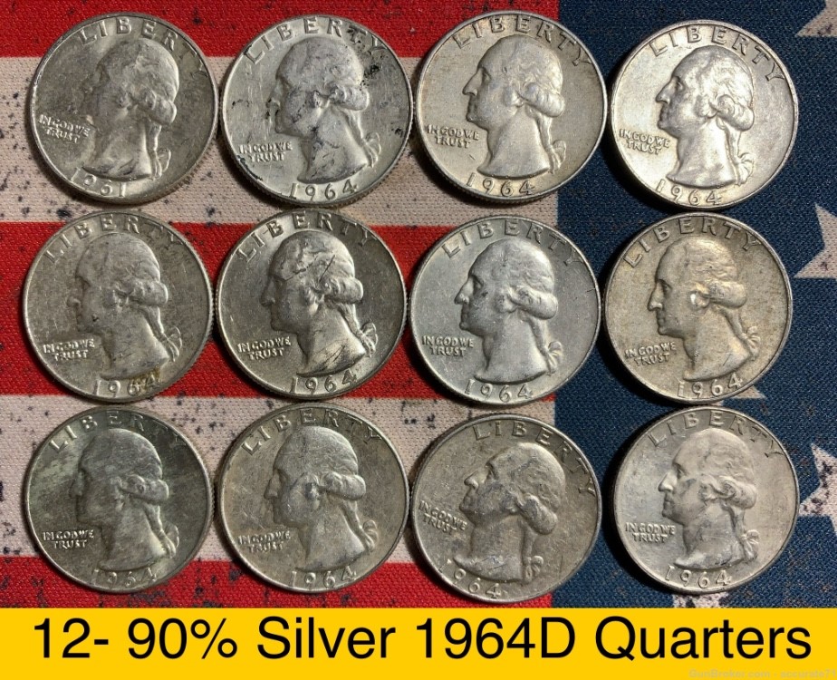 12- 1964D 90% Silver Washington Quarters $3 Face Value Coins Lot 1-img-0