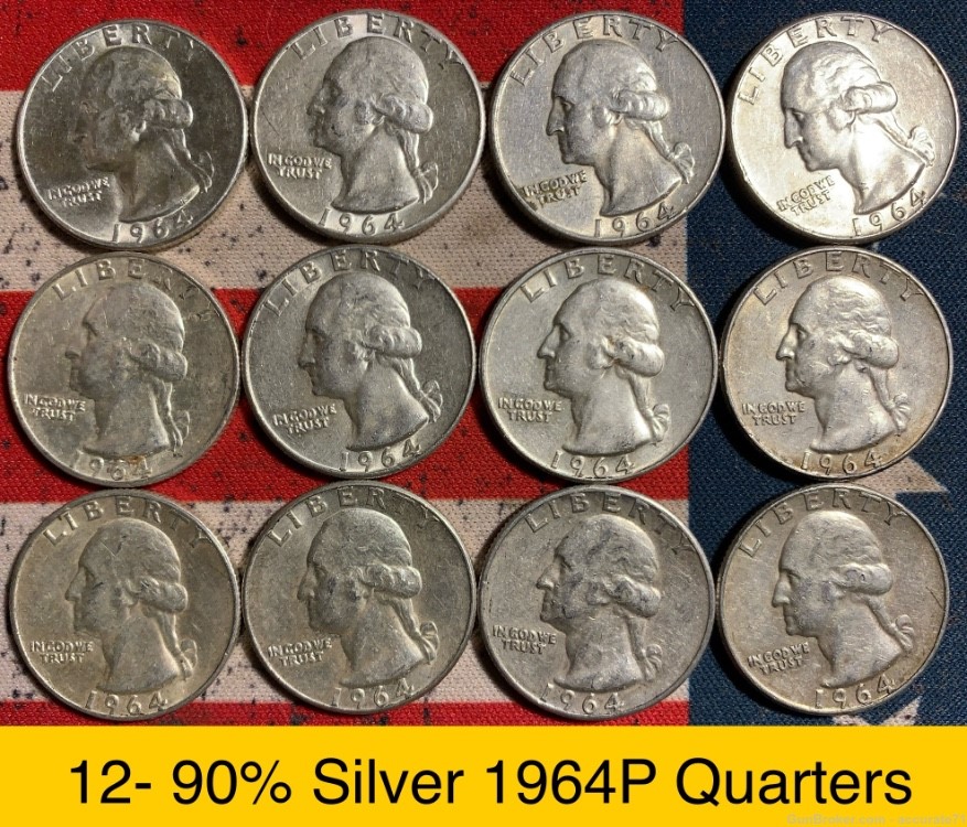 12- 1964P 90% Silver Washington Quarters $3 Face Value Lot 2-img-0