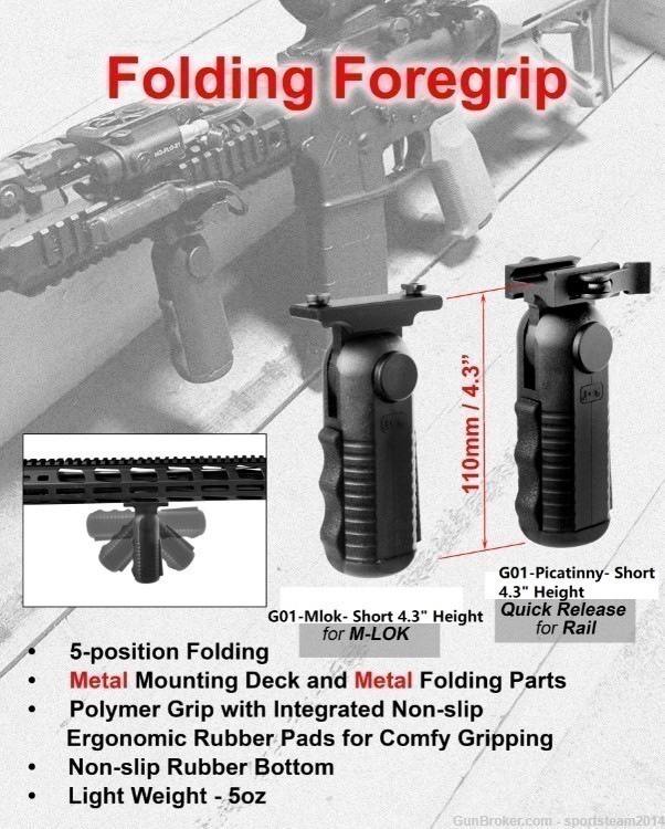 G01 Mlok Short Quick Release 5-Position Folding Foregrip with Rubber Grip-img-0