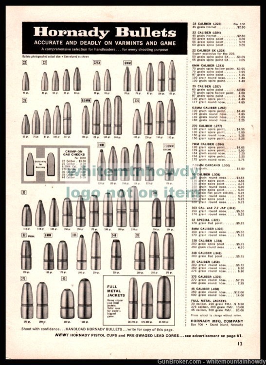 1960 HORNADY Bullets Size Chart with Prices Original PRINT AD-img-0