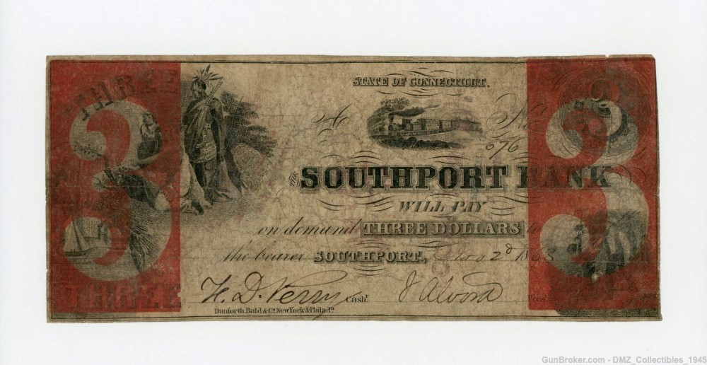 Civil War $3 Connecticut Bank Note Antique Money Currency-img-0