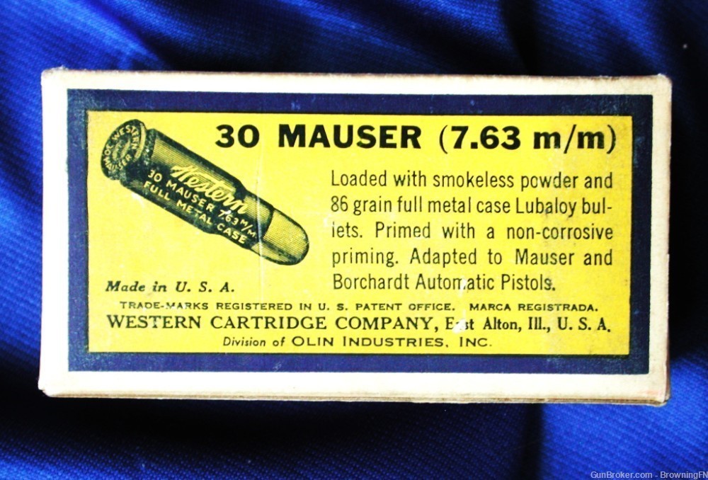RARE 7.63 Mauser Broomhandle Prewar Box 50 Rounds Western Bullseye -img-3