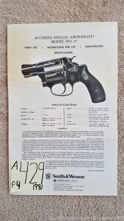 Orig S&W Model 37 Owners Instruction Manual 1981-img-0