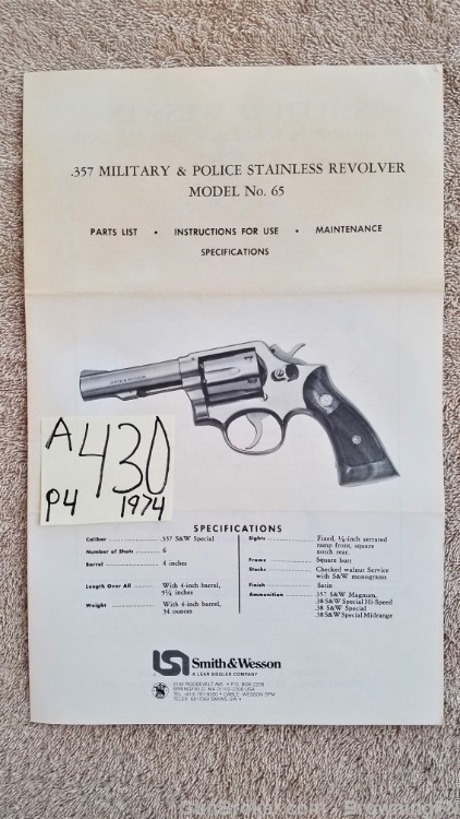 Orig S&W Model 65 Owners Instruction Manual 1974-img-0