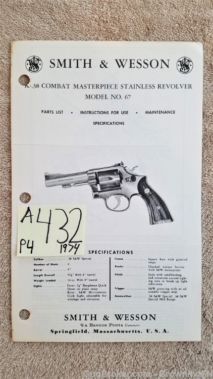 Orig S&W Model 67 Owners Instruction Manual 1974-img-0