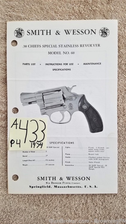 Orig S&W Model 60 Owners Instruction Manual 1974-img-0