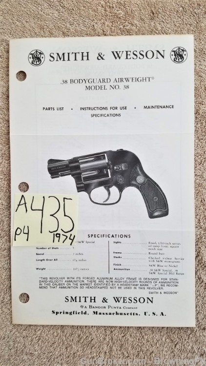 Orig S&W Model 38 Owners Instruction Manual 1974-img-0