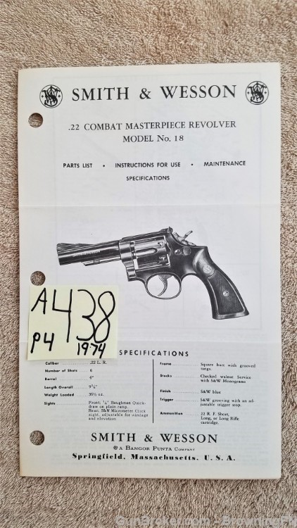 Orig S&W Model 18 Owners Instruction Manual 1974-img-0