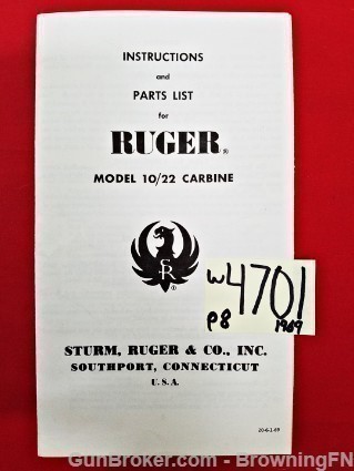 Orig Ruger Model 10/22 Carbine Owners Instruction Manual 1969-img-0