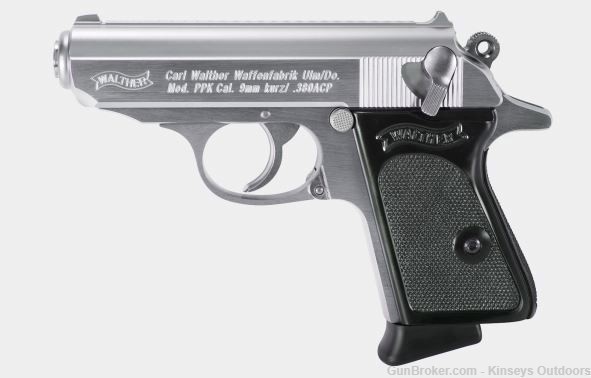 Walther PPK Pistol 380 ACP 6+1 Stainless Black Grips 3.3 in.-img-0