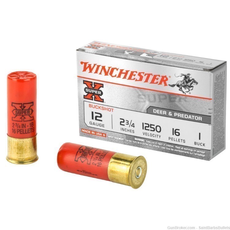 Winchester Super X 12ga 2.75" 1250fps 16 Pellet #1 Buckshot - 5 Rounds-img-0