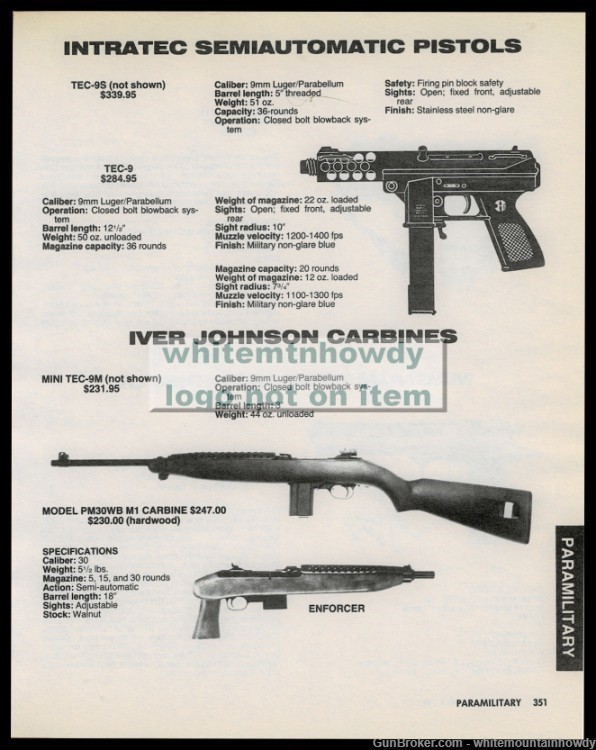 1986 INTRATEC TEC-9 Semiauto Pistol IVER JOHNSON PM30WB Carbine Enforcer AD-img-0