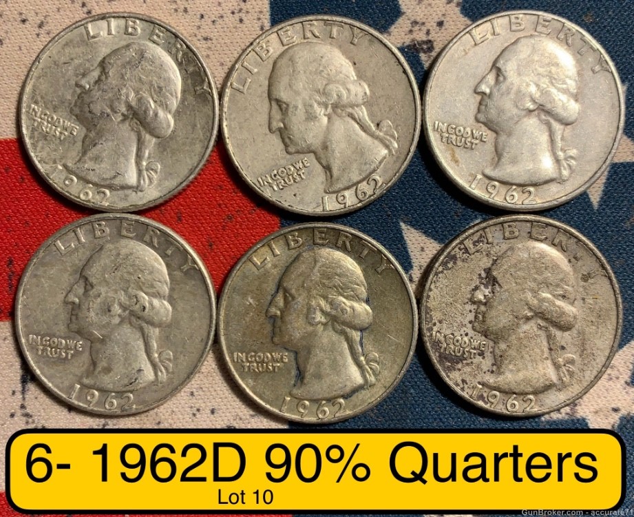 6- 1962D 90% Silver Washington Quarters $1.50 Face Value Coins Lot 10-img-0