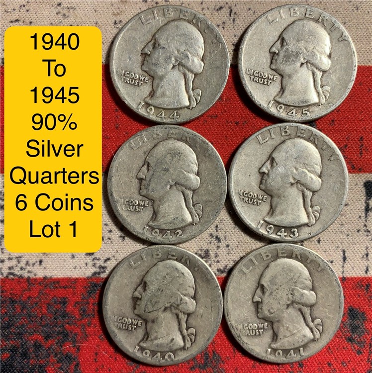6- 90% Silver Washington Quarters 1940 - 1945 6 coins Lot 1-img-0