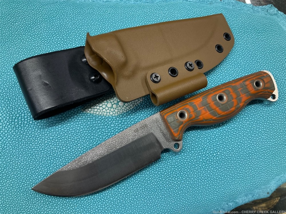Custom BUSSE fixed blade SOB knife son of badger orange Zwelke sheath-img-0