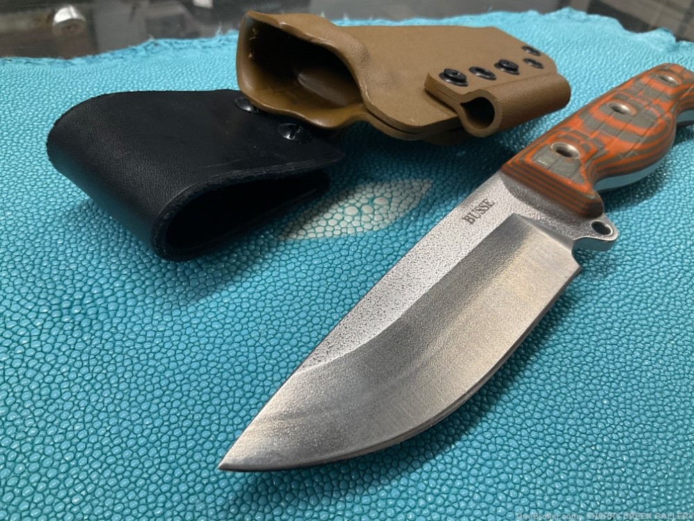 Custom BUSSE fixed blade SOB knife son of badger orange Zwelke sheath-img-1