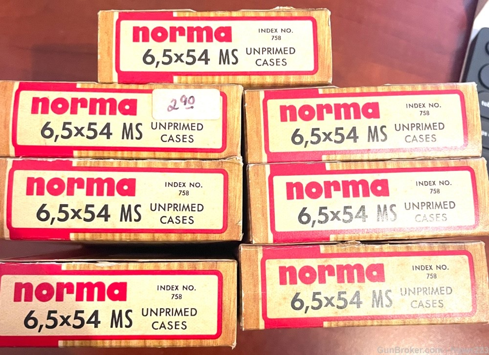 6.5x54 MS NORMA Brass. 7 boxes NOS un-primed 140 rounds total! -img-0