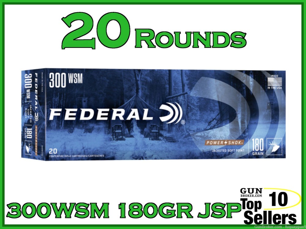 Federal Power-Shok 300 WSM 180 GR Jacketed Soft Point 300WSMC 20CT Ammo-img-0