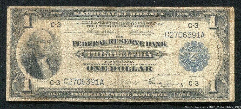 1918 $1 Federal Reserve Bank Note Money Currency-img-0