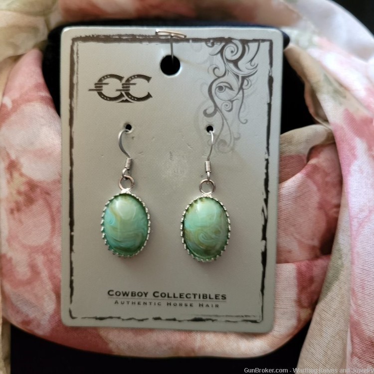 Cowboy Collectibles Turquoise Color Earrings & an Italian made Scarf.-img-1