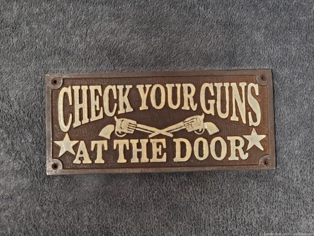 Old West Style Check Your Guns At The Door Cast Iron Plaque For Man Cave -img-0