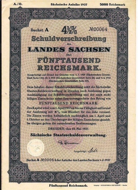  German Land of Saxony 5000 Reichsmarks bond 1937 swastika, WWII-img-0